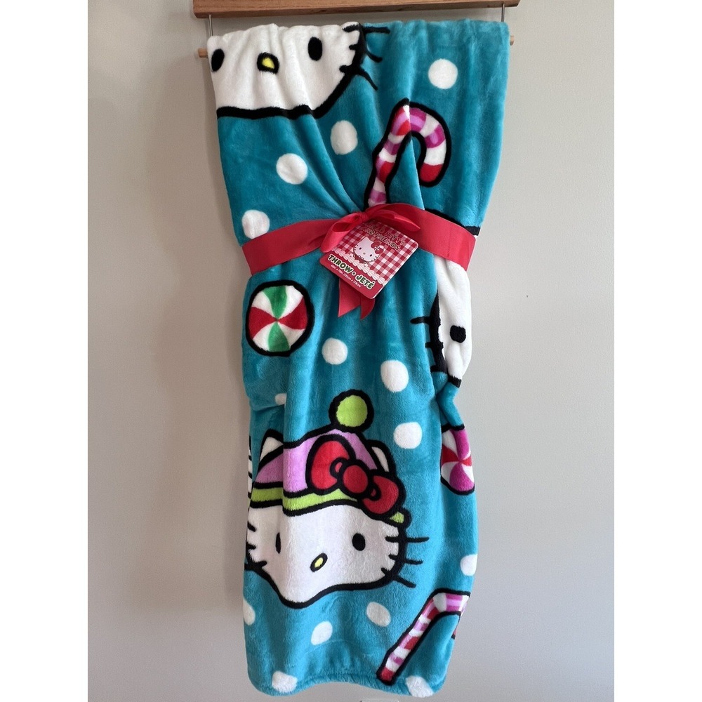 Hello Kitty Candy Cane Peppermint Teal Blue Christmas Plus Throw Blanket 60x70